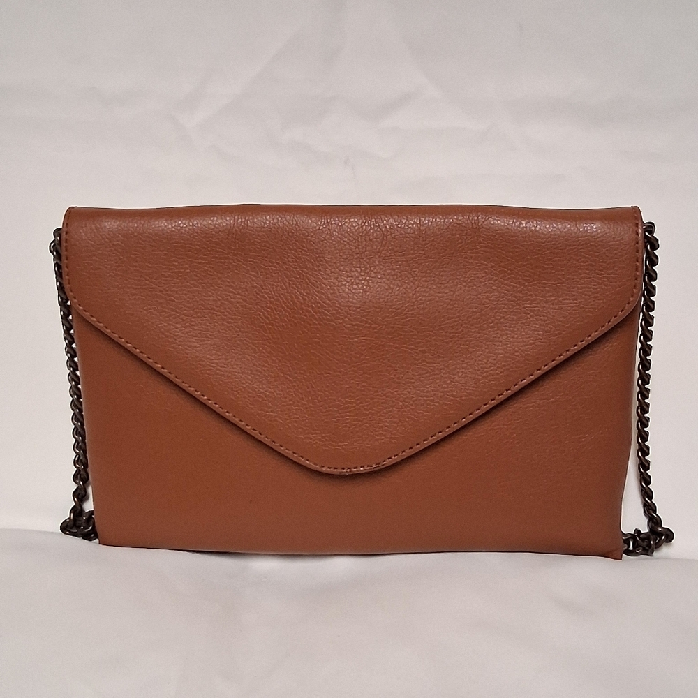 J. Crew Chain Strap Envelope Brown Leather Clutch Bag